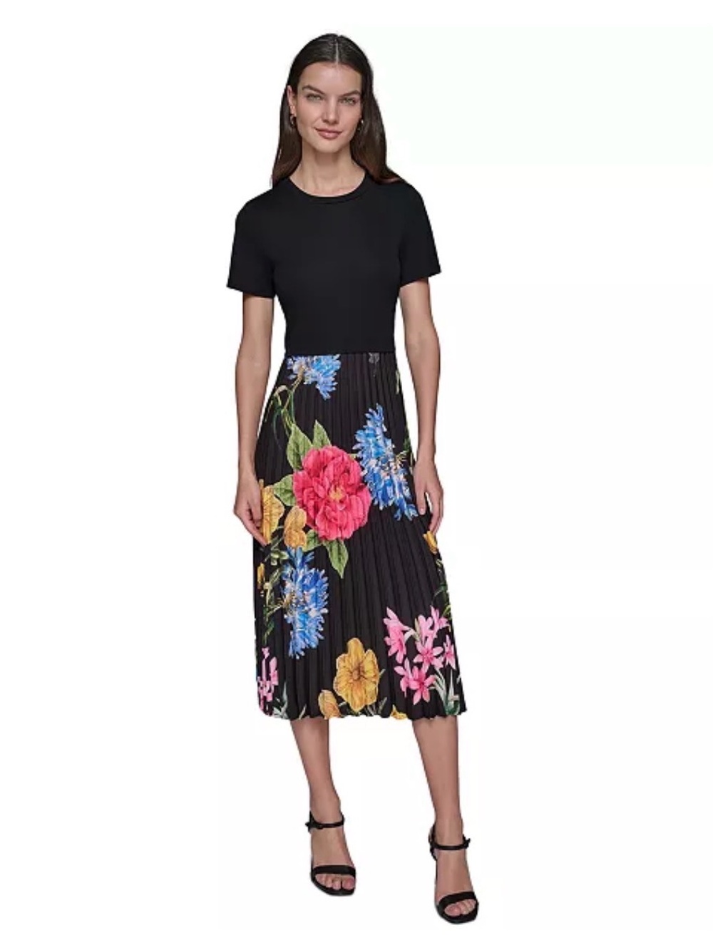 Karl Lagerfeld Paris Floral Pleated Midi Dress NWT Size 14 Black Bright Floral